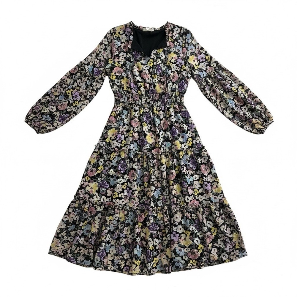 Betsey Dress Purple Floral Chiffon Tiered Maxi XL Dark Romantic Event Cocktail